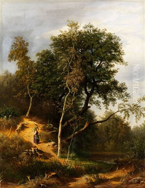 Baumlandschaft Mit Waldweg Und Einer Kraxen Tragenden Bauerin Oil Painting by Gustav Osterroht