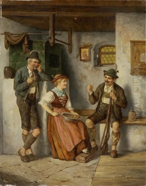 Zwei Jager Und Ein Madchen Beim Kartoffelschalen by Carl Ostersetzer