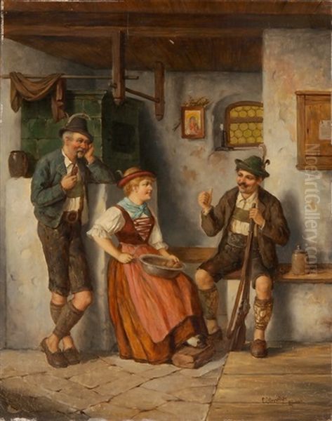 Zwei Jager Und Ein Madchen Beim Kartoffelschalen Oil Painting by Carl Ostersetzer