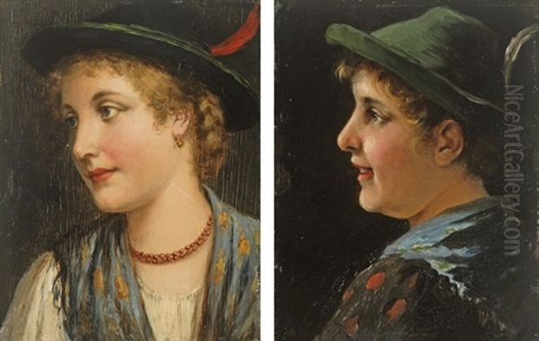 Portraits Of A Tyrolean Girls; Pair) Oil Painting by Carl Ostersetzer