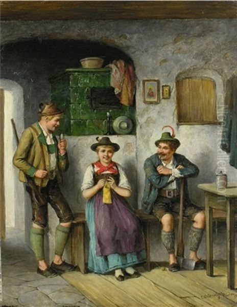 Strickende Magd Und Zwei Burschen Oil Painting by Carl Ostersetzer