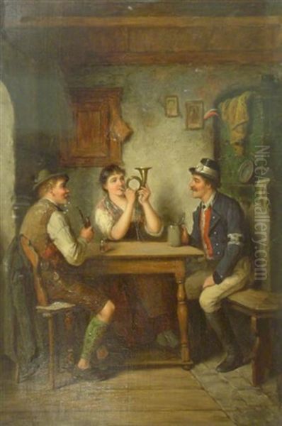 Gesellige Runde Mit Musizierendem Dirndl (+ Frohliches Stelldichein Mit Musizierendem Forstmann; 2 Works) Oil Painting by Carl Ostersetzer