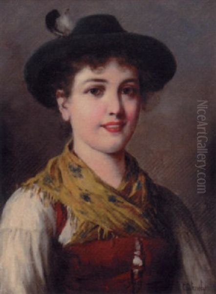 Portrait Of A Tyrolean Lady, In Traditional Dress Oil Painting by Carl Ostersetzer