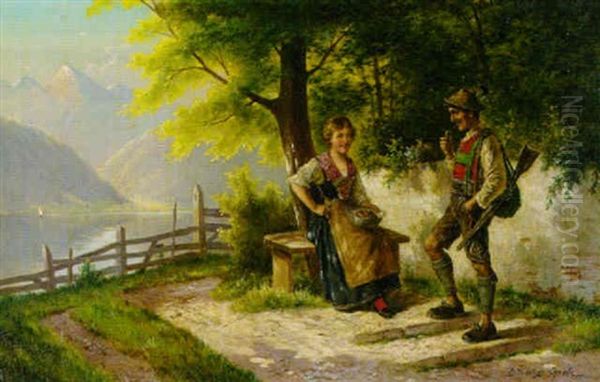 Jager Und Dirndl Am Ufer Des Gebirgssees Oil Painting by Carl Ostersetzer