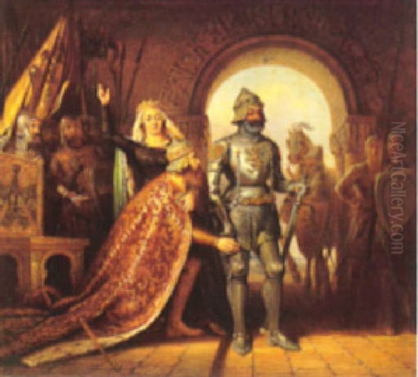 A Court Scene With A King Kneeling In Gratitude To A Knight (saint George?) Oil Painting by Georg Osterwald