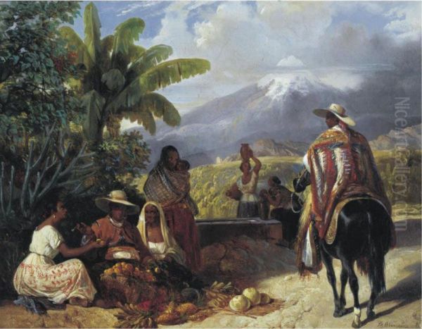 Vendedores De Fruta Con El Pico De Orizaba Oil Painting by Henri Pierre L. Blanchard