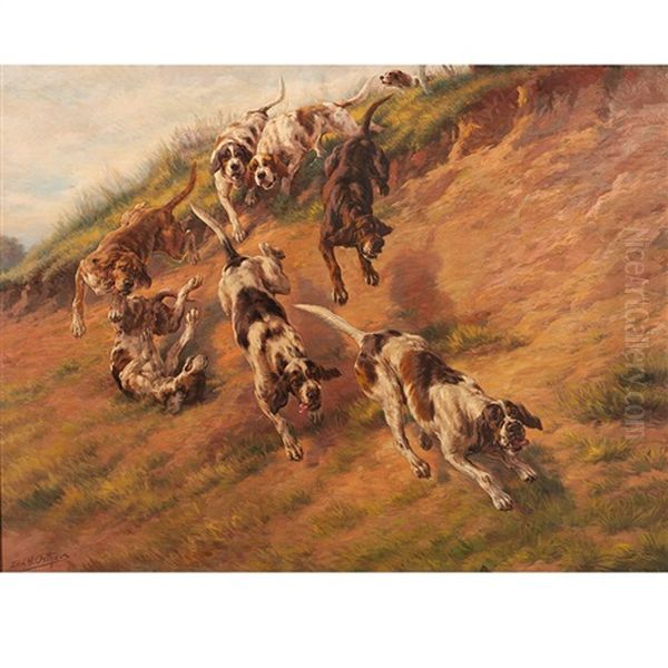 Action Hunting Scene With Eight Dogs Oil Painting by Edmund Henry Osthaus