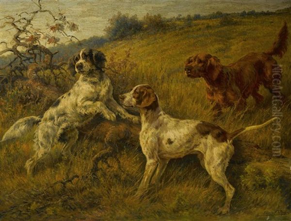 Setters And A Pointer In A Landscape Oil Painting by Edmund Henry Osthaus