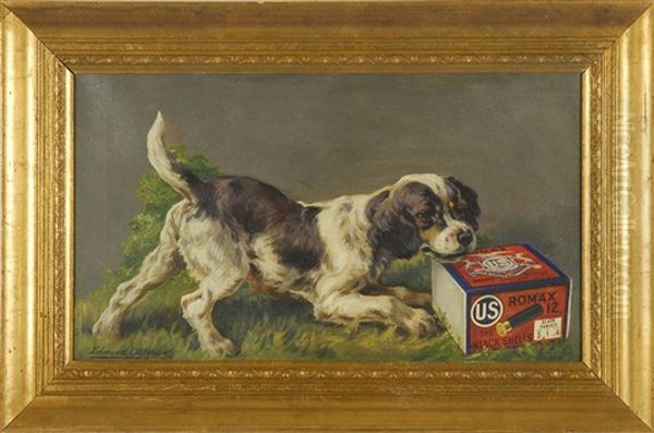 Untitled (u.s. Cartridge Co. Depicting An English Setter Playing With A Box Of U.s. Ammunition Company's Romax Brand Black Powder Shells) (illus.) Oil Painting by Edmund Henry Osthaus