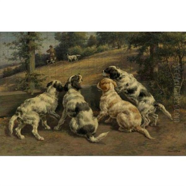 Waiting Their Turn - Four Pups Oil Painting by Edmund Henry Osthaus