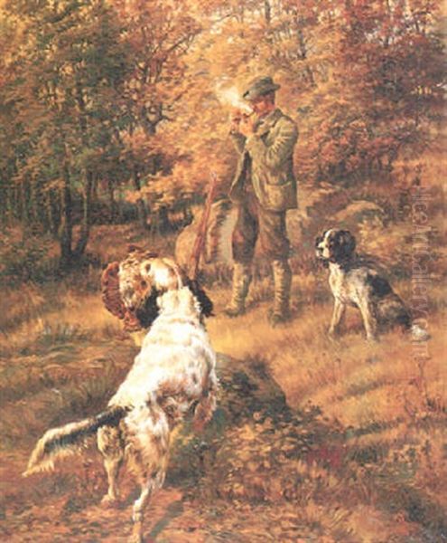 Two Hunting Dogs With Man Lighting Pipe Oil Painting by Edmund Henry Osthaus