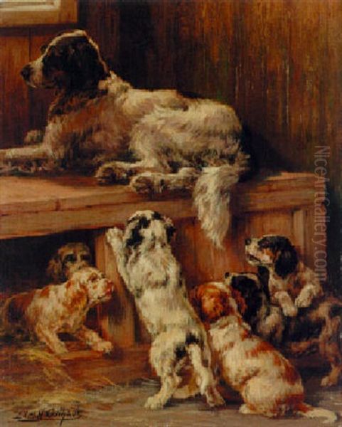 A Setter With Her Puppies In A Kennel Oil Painting by Edmund Henry Osthaus