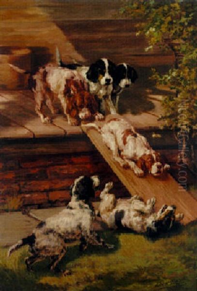 Down The Slide, English Setter Puppies Playing Oil Painting by Edmund Henry Osthaus