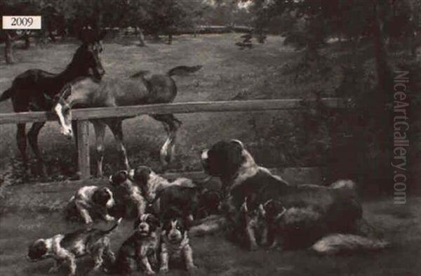 Landscape With Two Horses And Dog With Puppies Oil Painting by Edmund Henry Osthaus