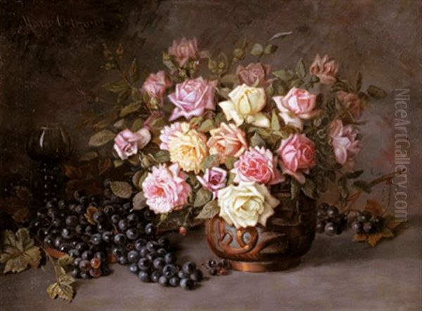 Stillleben Mit Rosen Und Weintrauben Oben Links Signiert: Marie Osthaus Oil Painting by Marie Osthaus