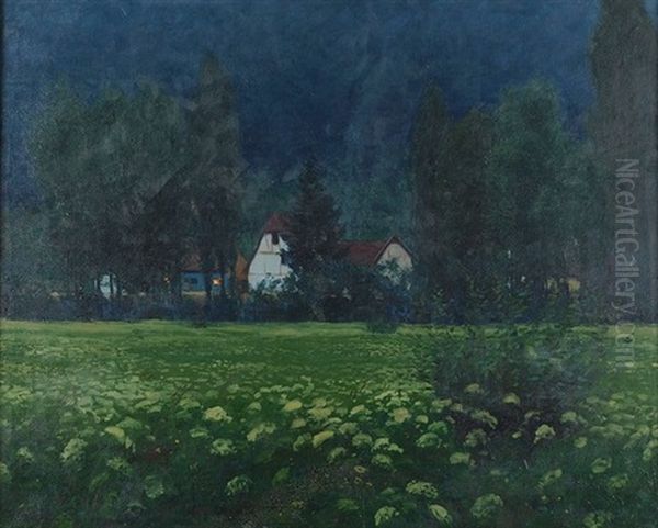 Nacht Uber Dem Hammerbachtal Mit Beleuchteten Gehoften Oil Painting by Hermann Osthoff