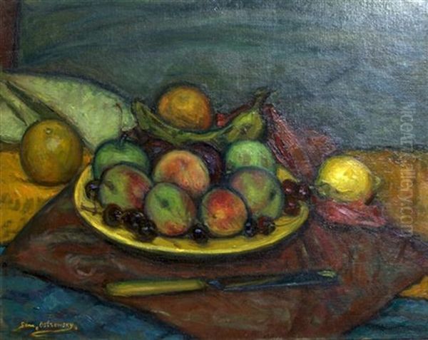 Untitled - Still Life With Apples And Cherries Oil Painting by Sam Ostrowsky