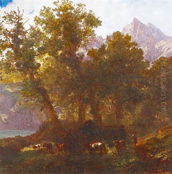 Troupeau Au Bord Du Rhone Et Les Dents Du Midi Oil Painting by Gustav Heinrich Ott