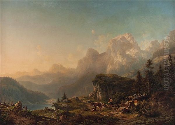 Panoramablick Von Einem Hochplateau Auf Den Hintersee In Der Bayerischen Ramsau Oil Painting by Johann Nepomuk Ott