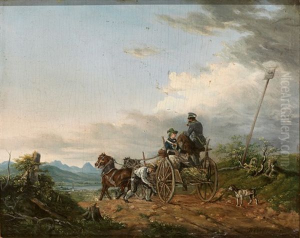 Zweispanniges Gefahrt Mit Personenstaffage Auf Altem Weg, Im Hintergrund Bayerischer Gebirgssee Oil Painting by Johann Nepomuk Ott