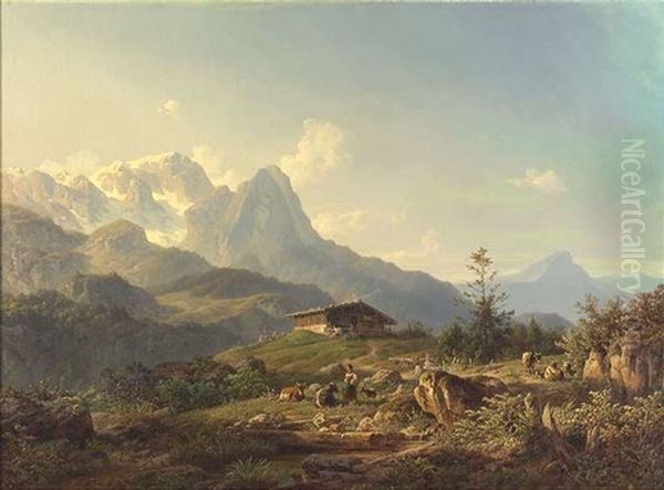 Alpenlandschaft Mit Bergbauernhof, Hirtin Und Vieh Oil Painting by Johann Nepomuk Ott