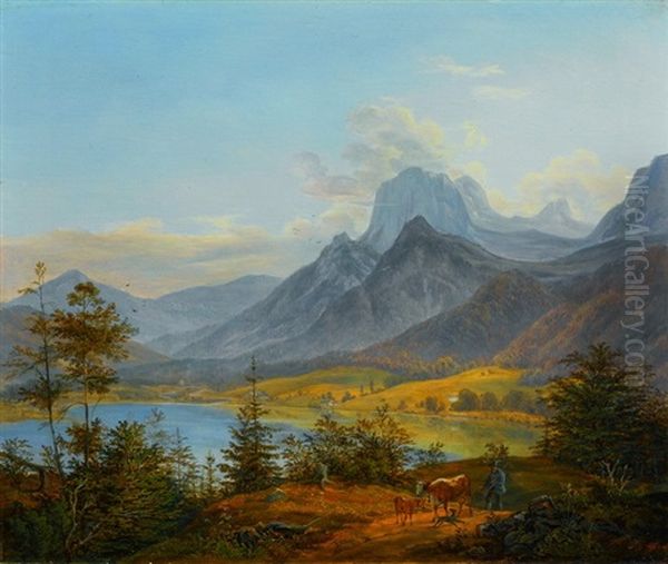 Attersee Mit Blick Auf Das Hollengebirge Oil Painting by Johann Nepomuk Ott