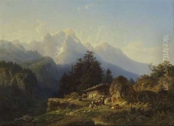 Alm Im Hochgebirge Oil Painting by Johann Nepomuk Ott