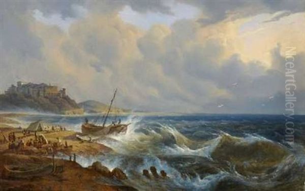 Sudliche Meereskuste Bei Sturmisch Bewegter See Oil Painting by Johann Nepomuk Ott