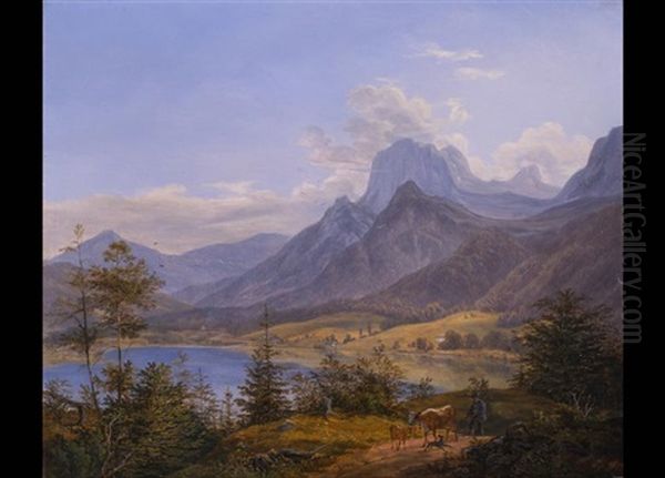 Alpensee Vor Weitem Gebirgspanorama Am Fruhlingstag Oil Painting by Johann Nepomuk Ott