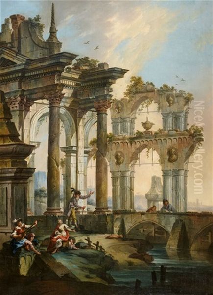 Architekturcapriccio Mit Figuren Oil Painting by Gaetano Ottani