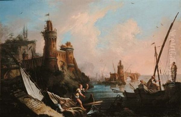 Porto Con Figure Oil Painting by Gaetano Ottani