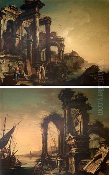 Caprichos Arquitectonicos (pair) Oil Painting by Gaetano Ottani