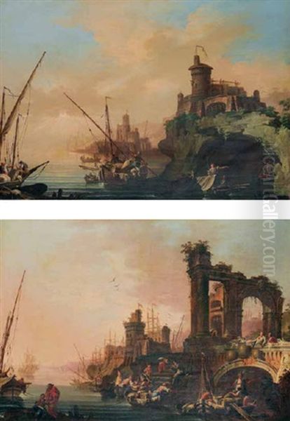 Marina (+ Another; 2 Works) Oil Painting by Gaetano Ottani