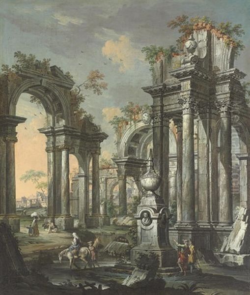 An Architectural Capriccio With Classical Ruins Bearing The Medici Coat-of-arms, Two Travelers Admiring A Tomb Oil Painting by Gaetano Ottani