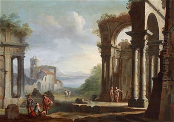 Flusslandschaft Mit Antiken Ruinen, Capriccio Architettonico Con Figure Oil Painting by Gaetano Ottani