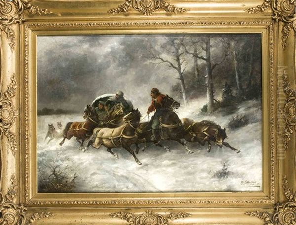 Russische Pferdegespanne Werden Von Wolfen Angegriffen Oil Painting by Eugen Von Ottenfeld