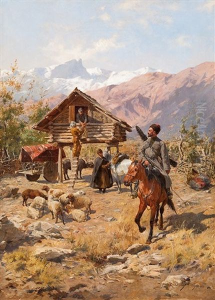 Kosake Im Russischen Hochgebirge Vor Bauerlichem Gehoft Oil Painting by Rudolf Otto Von Ottenfeld