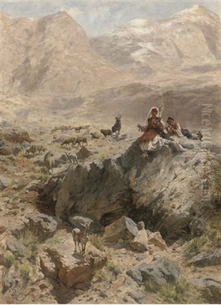 Shepherds In The Alps Oil Painting by Rudolf Otto Von Ottenfeld