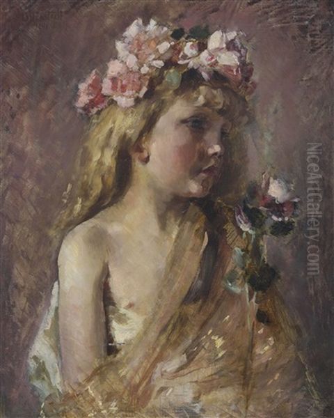 Madchen Mit Blumenkranz Auf Dem Kopf Und Einer Rose Oil Painting by Alexander Karl von Otterstedt