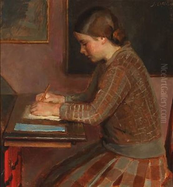 A Girl At A Writing Desk Oil Painting by Johannes Ottesen