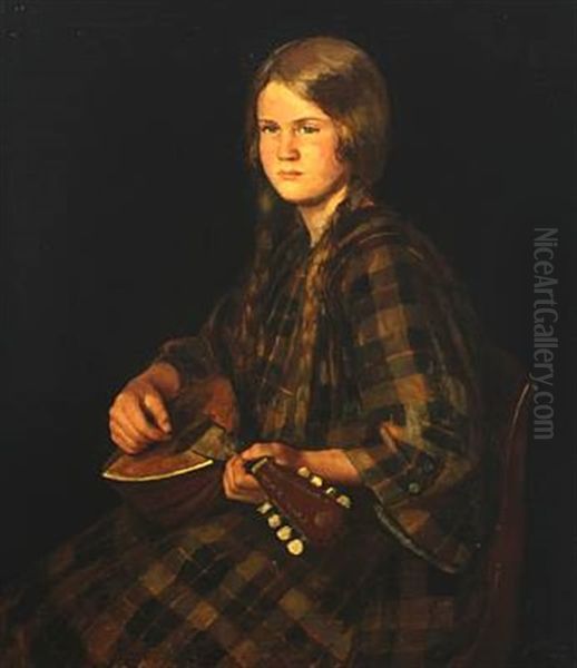 Portrait Of A Girl With A Lute Oil Painting by Johannes Ottesen