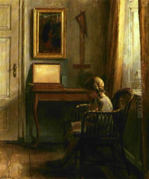 Interior Med Laesende Pige Ved Vinduet Oil Painting by Johannes Ottesen