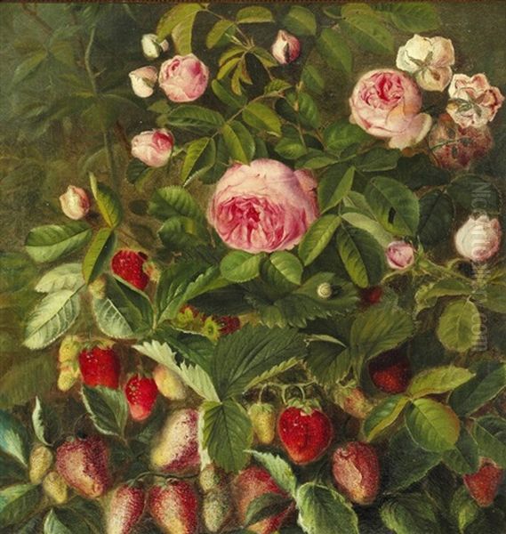 Pink Roses And Strawberries Oil Painting by Otto Didrik Ottesen