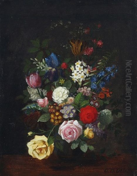 Still Life With Roses, Primula And Hyacinth In A Vase Oil Painting by Otto Didrik Ottesen