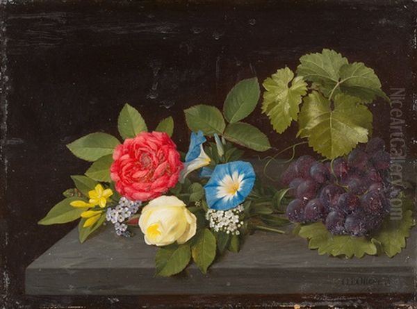 Stillleben Mit Blumen, Blauen Trauben Und Blattwerk Oil Painting by Otto Didrik Ottesen