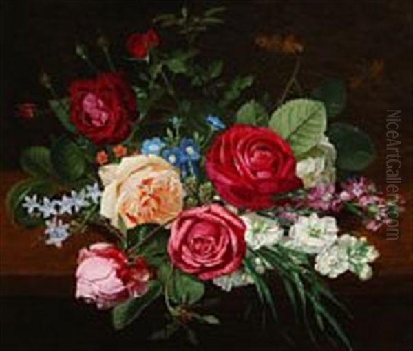 A Bouquet Of Colourful Flowers On A Stone Sill Oil Painting by Otto Didrik Ottesen