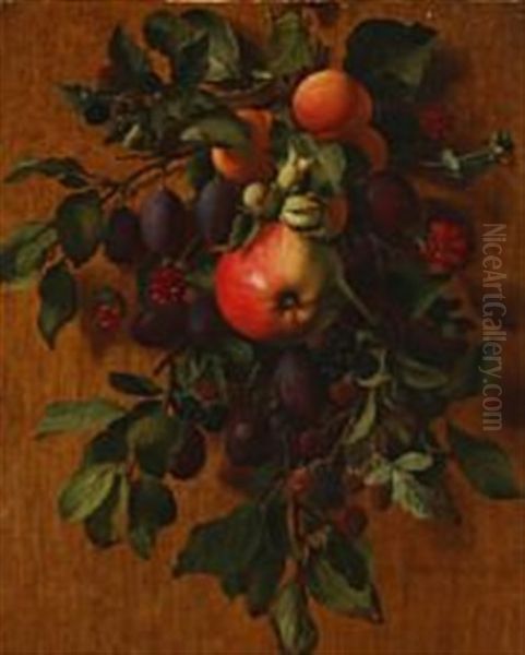 A Bouquet Of Nuts And Fruits Hanging From A Nail Oil Painting by Otto Didrik Ottesen