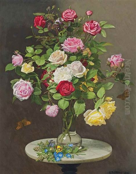 Roses In A Vase On A Marble Table Oil Painting by Otto Didrik Ottesen