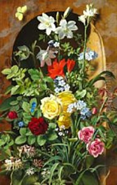 A Flower Still Life In Front Of A Niche Oil Painting by Otto Didrik Ottesen