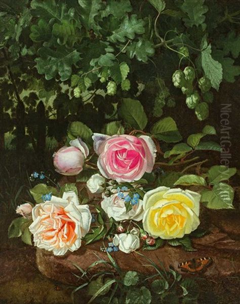 Elegantes Blumenbouquet Auf Einem Schollensockel Unter Gebusch Oil Painting by Otto Didrik Ottesen